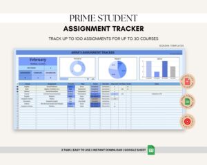 Prime Student Tracker| Assignment Tracker| Academic planner Spreadsheet for Google Sheets– (BLUE)